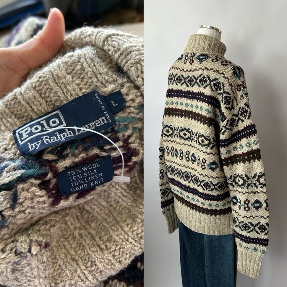 Vintage 1980’s POLO Ralph Lauren Hand knit Fair Isle turtleneck sweater large - Picture 10 of 11
